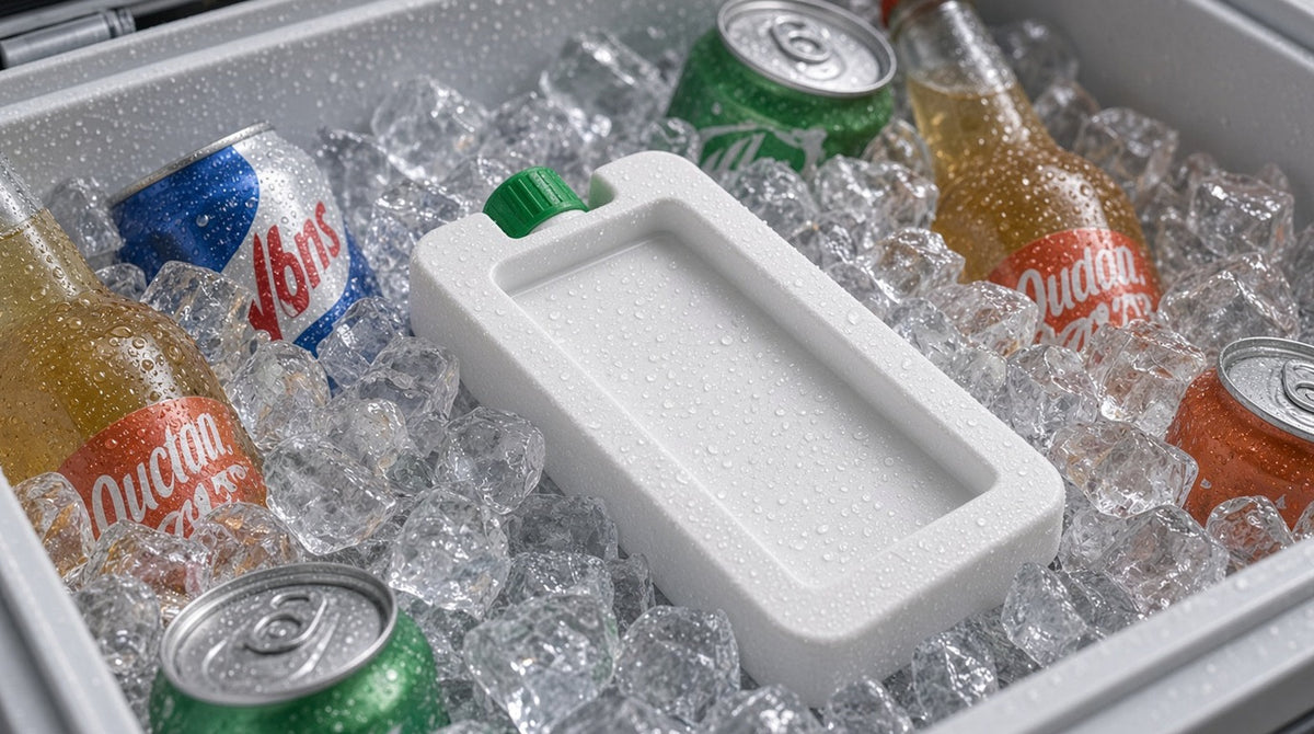 iChillPod phone cooler packed in ice inside a cooler