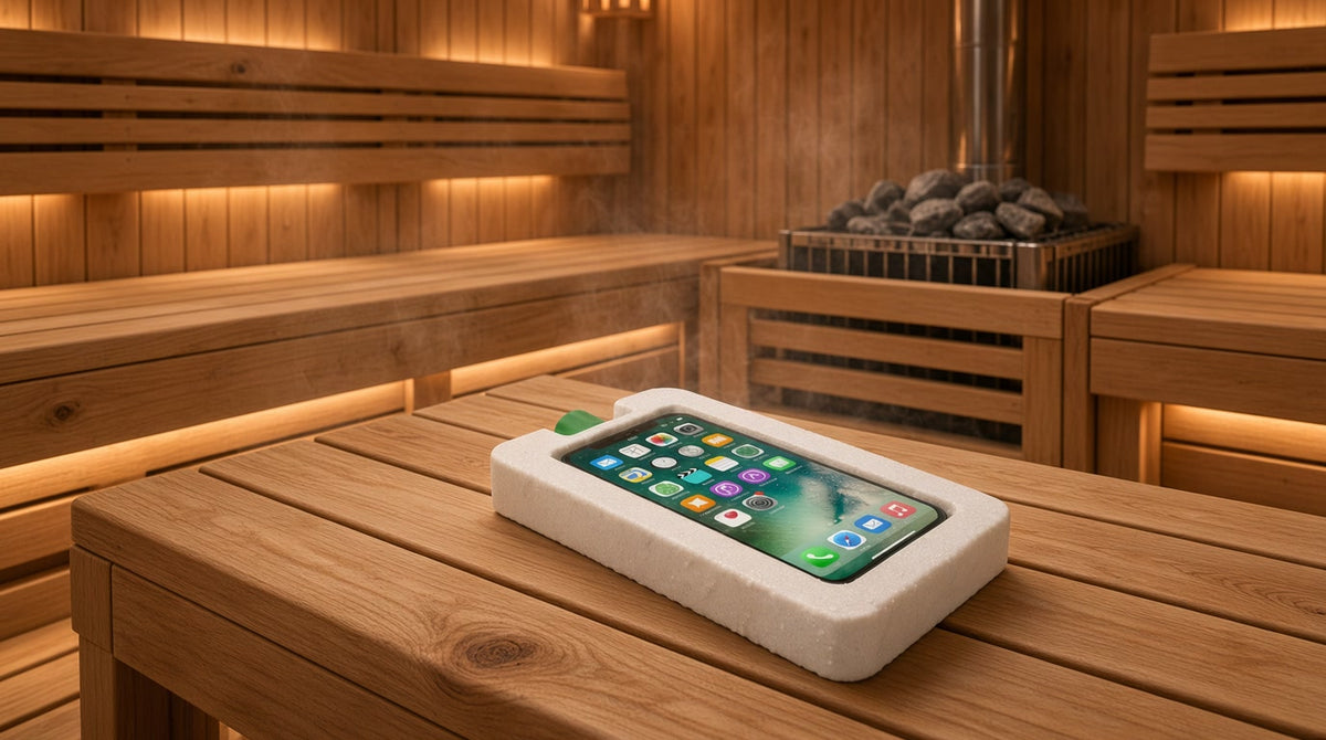 iChillPod phone cooler on sauna bench