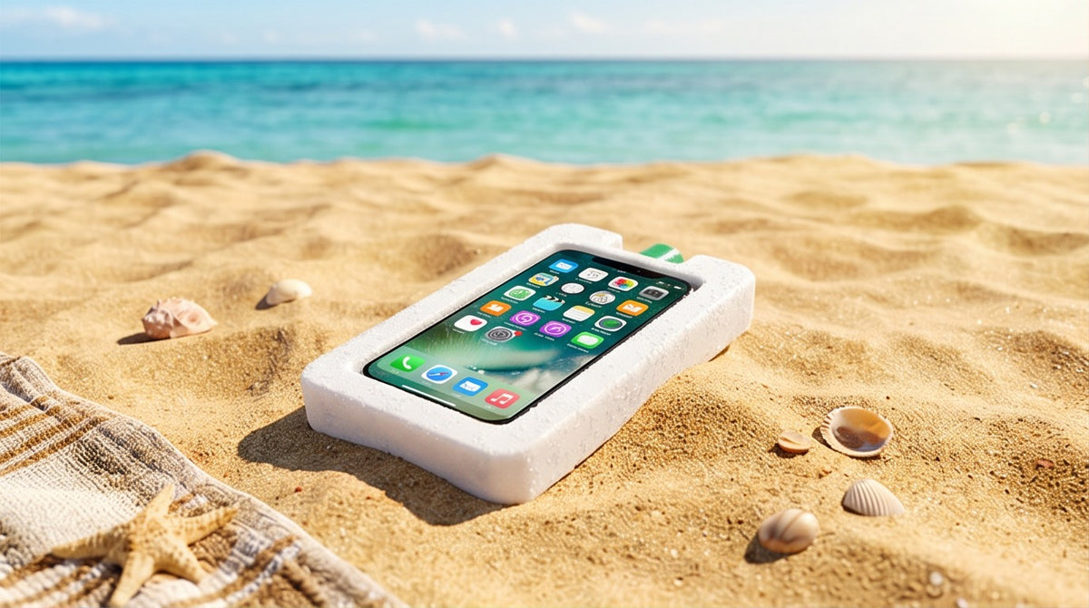 iChillPod phone cooler keeping a phone cool at the beach