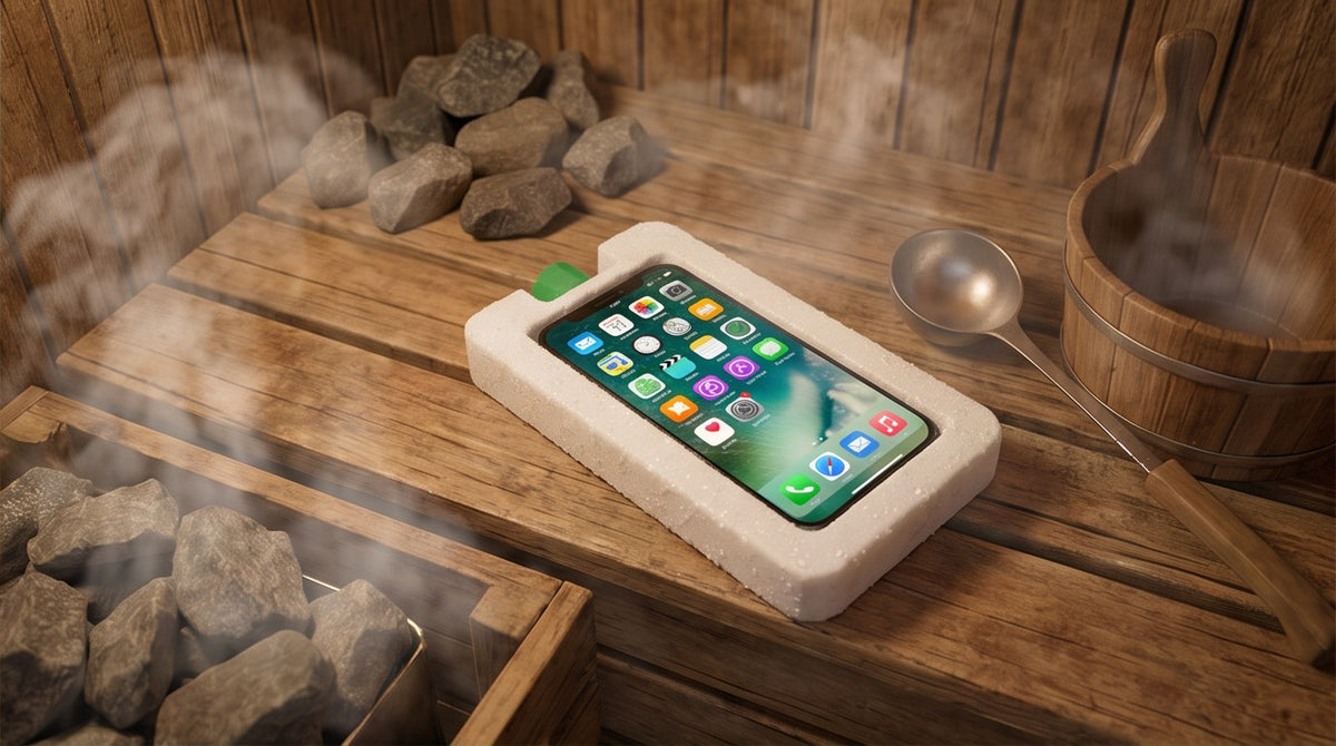 iChillPod phone cooler in a sauna to prevent overheating
