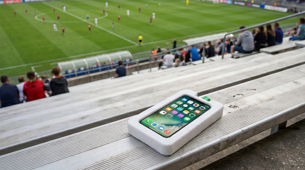iChillPod phone cooler used at a hot outdoor stadium